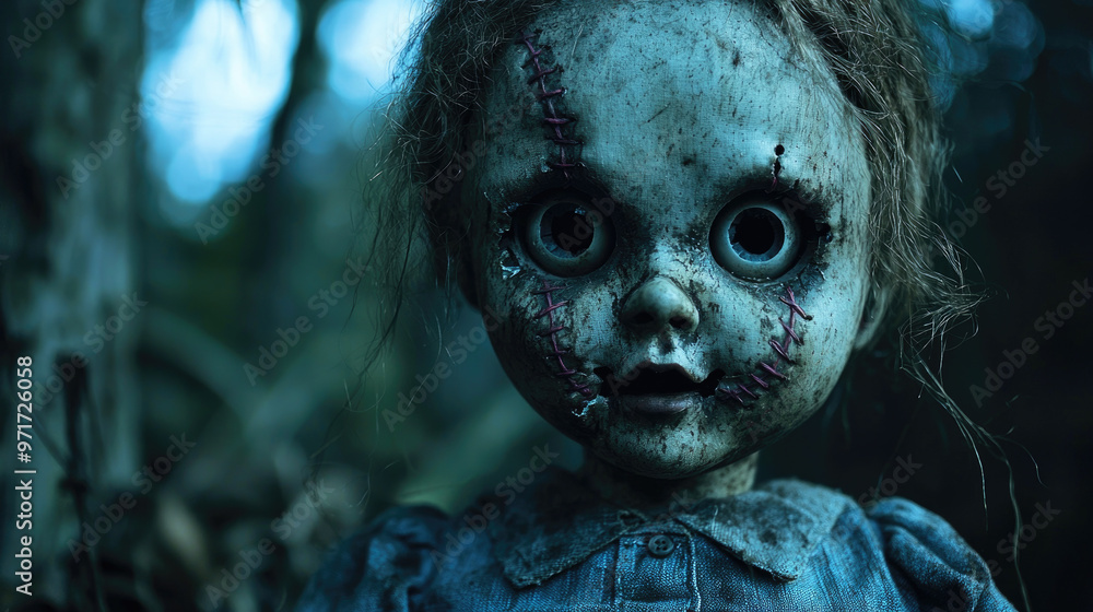 Scary doll like in horror movie on Halloween night on background of dark spooky forest. Concept of party, flayer, invitation, woods Scary doll like in horror movie on Halloween night on background of dark spooky forest. Concept of party, flayer, invitation, woods