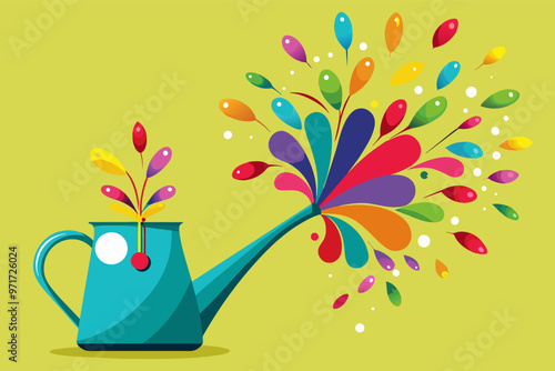 A whimsical watering can pouring water onto a vibrant arrangement of colorful leaves and plants against a cheerful green background, perfect for nature lovers and gardening enthusiasts