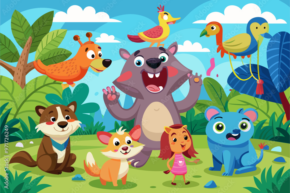 Fototapeta premium A cheerful group of cartoon animals and children enjoying a sunny day in a colorful jungle setting, surrounded by vibrant foliage and playful companions
