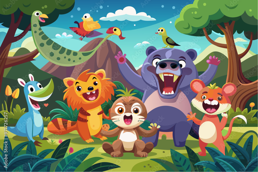 Fototapeta premium A cheerful group of cartoon animals and children enjoying a sunny day in a colorful jungle setting, surrounded by vibrant foliage and playful companions