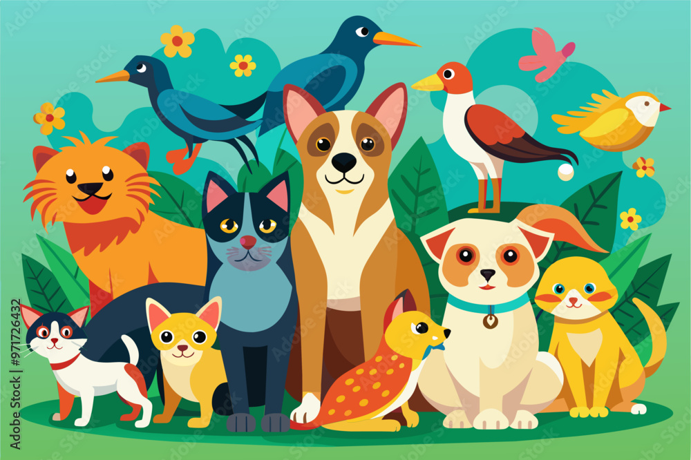 Fototapeta premium A colorful gathering of various animated dogs and cats among vibrant plants and birds in a cheerful outdoor setting