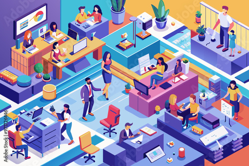 Modern office environment illustrating diverse workers engaged in various tasks throughout a vibrant open workspace during daytime