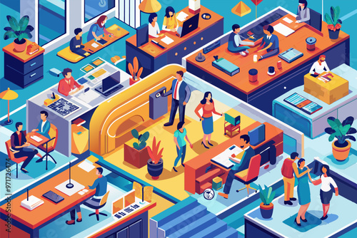 Modern office environment illustrating diverse workers engaged in various tasks throughout a vibrant open workspace during daytime