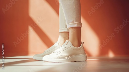 Stylish White Sneakers on Female Feet in Bright Sunlit Room with Orange Background
