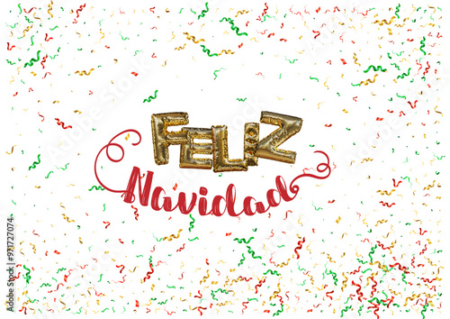 Feliz Navidad Happy New Year Spanish 3d abstract golden metallic sequins lettering with confetti background. Isolated on the white. Vector holiday illustration. Concept greeting card, banner.