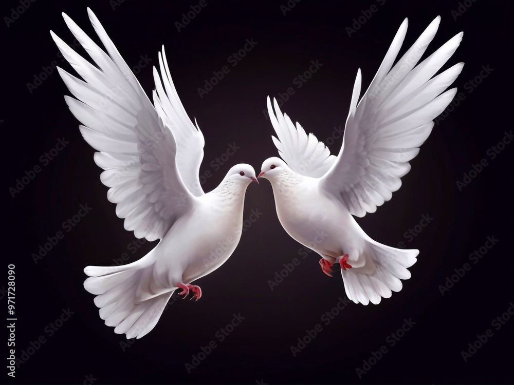 Obraz premium Two white doves of peace on a dark background. Realistic art. Peace antiwar symbol illustration. International Peace Day banner card design 