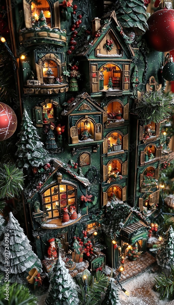Fototapeta premium Intricately Designed Christmas Advent Calendar with Festive Miniature Scenes for Holiday Cheer