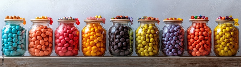 Vibrant Candy Jar Showcase, a lively arrangement of colorful candy jars against a clean white backdrop, highlighting the playful and inviting nature of sweets. Vibrant Candy Jar Showcase, a lively arrangement of colorful candy jars against a clean white backdrop, highlighting the playful and inviting nature of sweets.