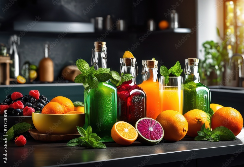 vibrant drink ingredients displayed sleek countertop colorful bottles creating inviting beverage scene, cocktail, mixology, fresh, herbs, fruits, garnishes vibrant drink ingredients displayed sleek countertop colorful bottles creating inviting beverage scene, cocktail, mixology, fresh, herbs, fruits, garnishes