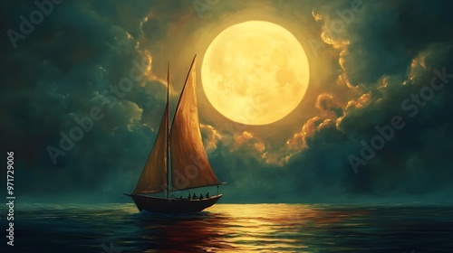 Painting of boat with luminous full moon sky image photo