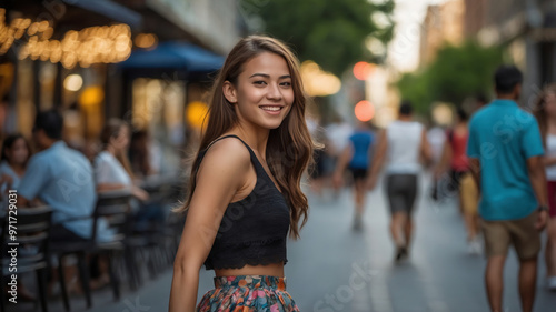 Smiling Woman in Black Crop Top and Floral Skirt Posing on Bustling City Street in Evening Light