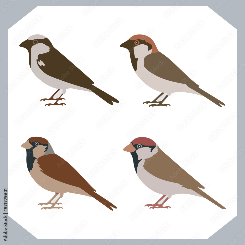 Fototapeta premium Set of Sparrow bird silhouette collection, Sparrow flying design, bird black silhouettes of different kinds sparrow vector flat isolated