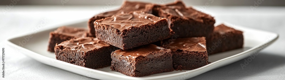 Decadent Chocolate Fudge Brownies on a Dish, a mouthwatering full-body portrait showcasing rich, velvety texture on a clean, simple white background for an inviting presentation. Decadent Chocolate Fudge Brownies on a Dish, a mouthwatering full-body portrait showcasing rich, velvety texture on a clean, simple white background for an inviting presentation.