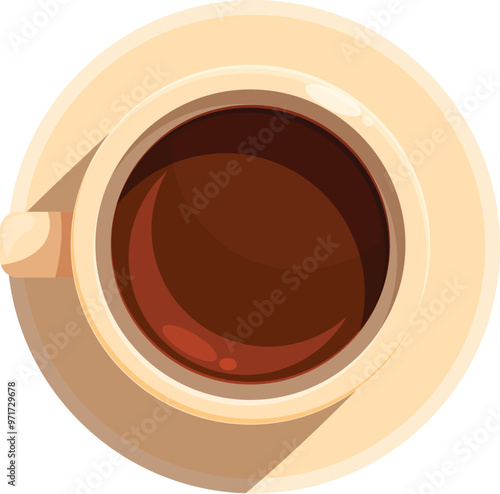 Cup of coffee sits on a matching saucer, shot from overhead