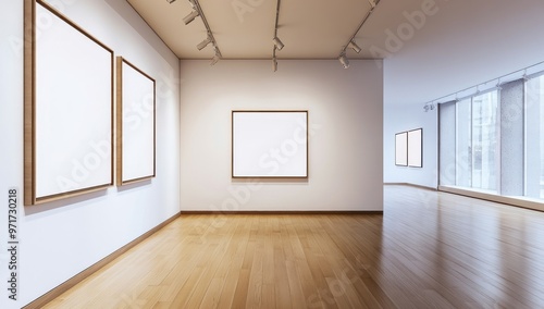 Empty Gallery Interior with Wooden Floor and White Walls