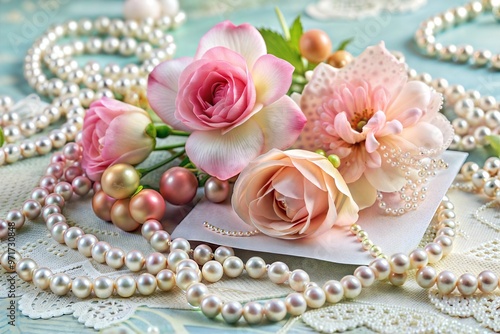 Arrangement of delicate flowers and pearls on a textured background for a romantic atmosphere copy space