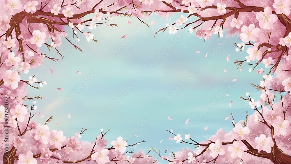 Spring floral frame with blooming cherry tree branches on pastel blue background with copy space Spring floral frame with blooming cherry tree branches on pastel blue background with copy space