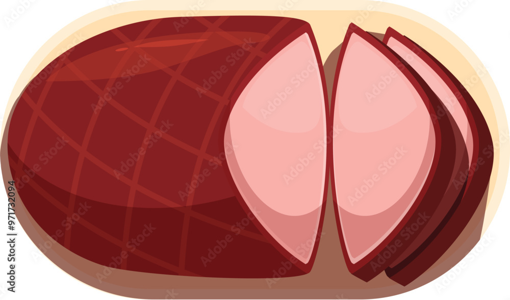 Appetizing smoked ham with slices lying on a wooden cutting board Appetizing smoked ham with slices lying on a wooden cutting board