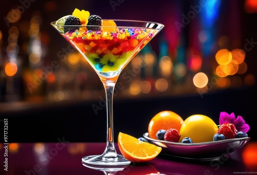 vibrant trendy martini glass filled colorful toppings garnishes stylish cocktail experience, drink, beverage, elegant, refreshing, ice, citrus, fruit