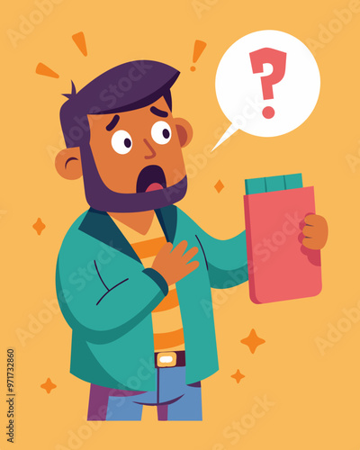 A savvy bargain hunter looks taken aback as they see the price of a designer item they had thought was on sale.. Vector illustration