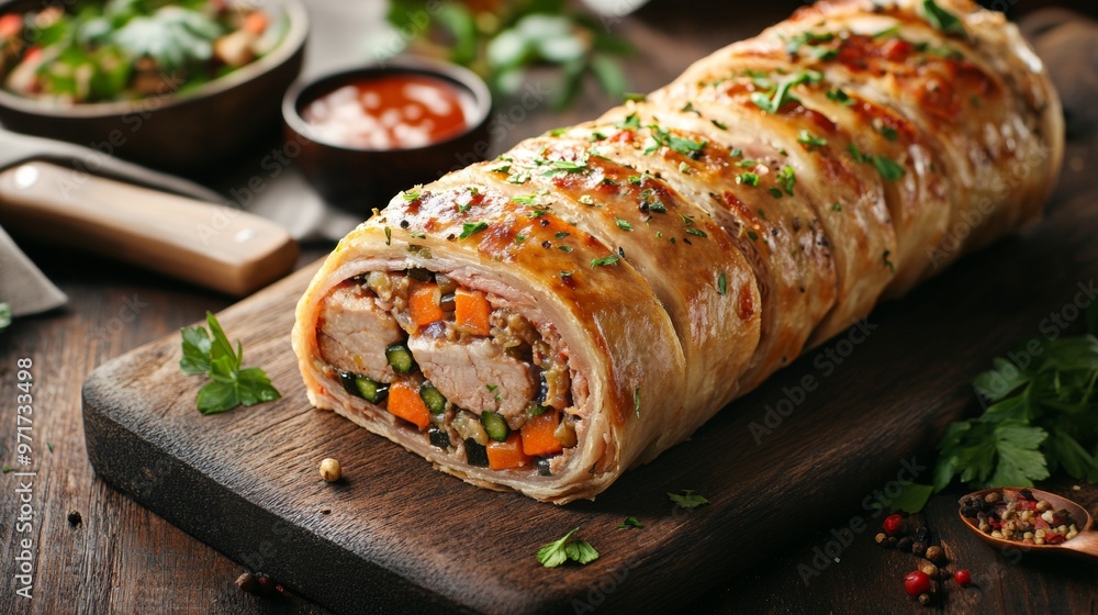 National cuisine of Great Britain: Pork roll with vegetable filling. National cuisine of Great Britain: Pork roll with vegetable filling.
