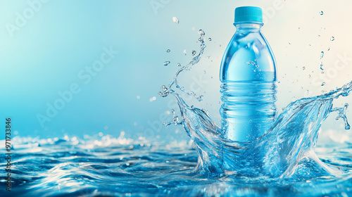 Wallpaper Mural "Mineral water bottle with a swirl splash, set against a blue clean backdrop. This 3D vector illustration features a realistic plastic bottle and pure water, ideal for promotional advertising focused  Torontodigital.ca