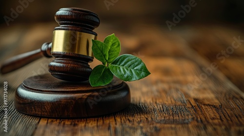 Legal Symbolism: Gavel with Green Plant on Wooden Table