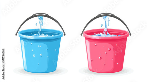 "Icons of plastic and iron buckets filled with water, depicting household washing equipment. Ideal for use in posters and web icons."