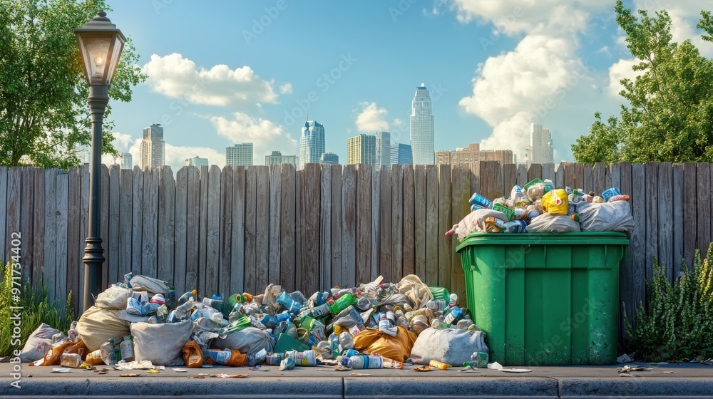 Fototapeta premium Overflowing Recycling Bin with Littered Street Scene