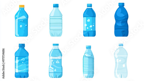 "Set of blue bottle icons in flat style, showcasing various designs of water bottles. Vector illustration featuring a collection of plastic bottle icons in different styles."