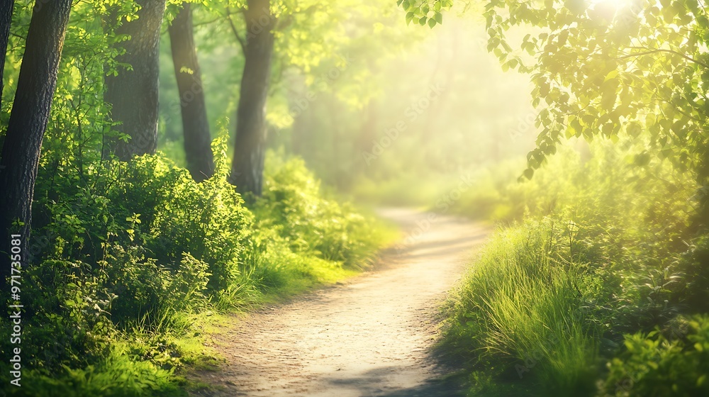 Obraz premium A soft, blurred forest path background with a large, clear area for text