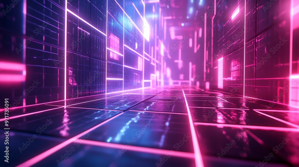 A futuristic, neon-lit hallway with glowing pink and blue lines. A futuristic, neon-lit hallway with glowing pink and blue lines.
