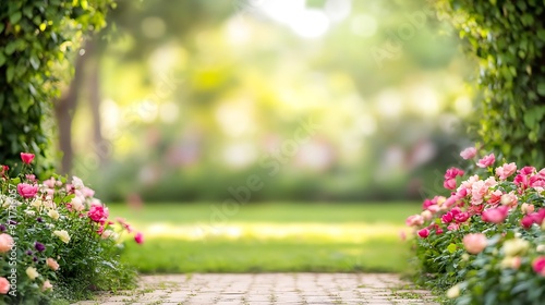 A soft, blurred garden background with a large, open space for text