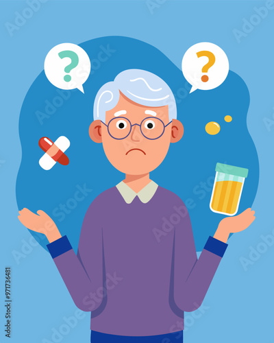 A senior citizen forced to choose between paying for medications or utilities as their monthly pension is not enough to cover both.. Vector illustration