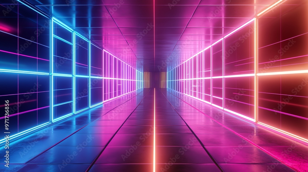 Fototapeta premium Futuristic neon light tunnel with pink, blue, and orange glow.