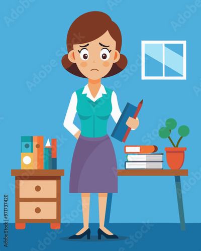 A sadlooking teacher stands in front of a classroom holding a pair of scissors and a stack of textbooks as she prepares to make s to her teaching materials and resources.. Vector illustration