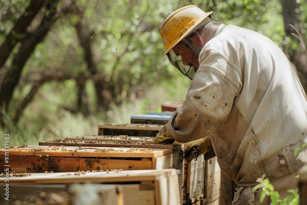 A beekeeper tending to their hives, ensuring the health and productivity of their bee colonies A beekeeper tending to their hives, ensuring the health and productivity of their bee colonies