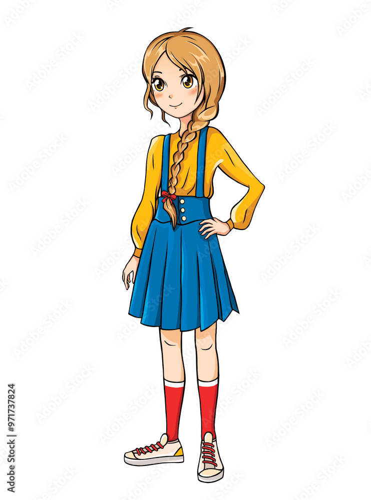 Anime girl picture with blonde braid in stylish clothes with hand on side.