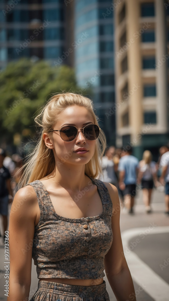 Stylish Young Woman in Sunglasses Walking in Urban City Street on a Sunny Day Stylish Young Woman in Sunglasses Walking in Urban City Street on a Sunny Day