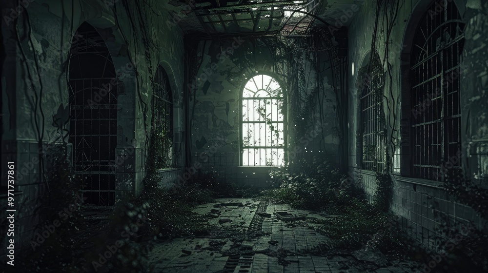 Obraz premium A haunted, crumbling asylum with dark, overgrown vines and broken barred windows