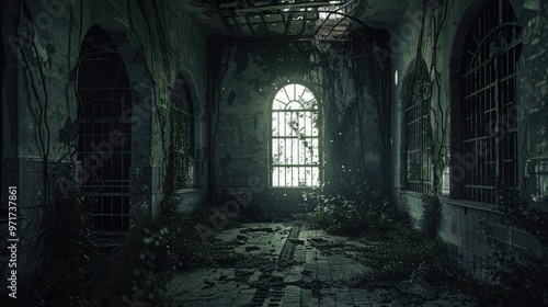 A haunted, crumbling asylum with dark, overgrown vines and broken barred windows