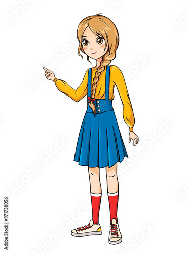 Anime smiling girl with blonde braid in stylish clothes pointing finger in something. 