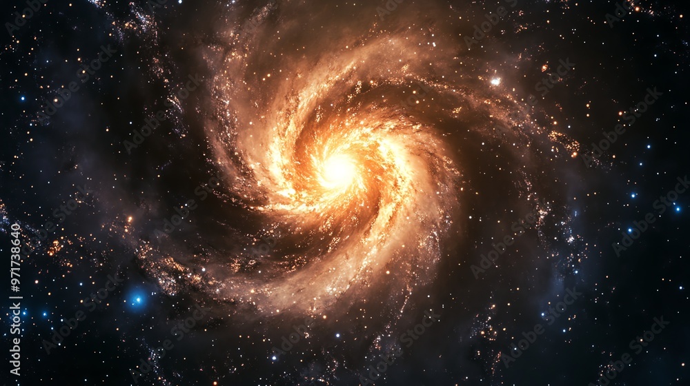 A swirling galaxy with bright orange and yellow light against a dark starry background. A swirling galaxy with bright orange and yellow light against a dark starry background.