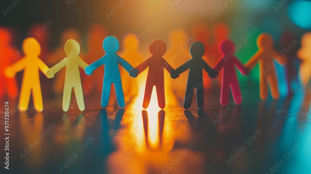 Colorful paper humans holding hands, standing on a table generative ai