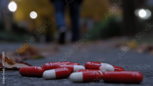 blurred figure in the background, with various pills scattered on the ground, evokes themes of addiction, mental health, and crisis, symbolizing struggles, vulnerability, and the consequences of subst photo