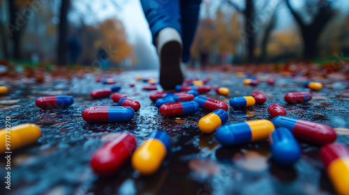 blurred figure in the background, with various pills scattered on the ground, evokes themes of addiction, mental health, and crisis, symbolizing struggles, vulnerability, and the consequences of subst photo