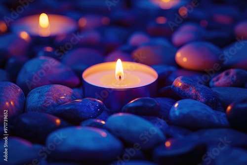 Candles Set Amidst a Bed of Luminous Phosphorescent Stones in Darkness photo