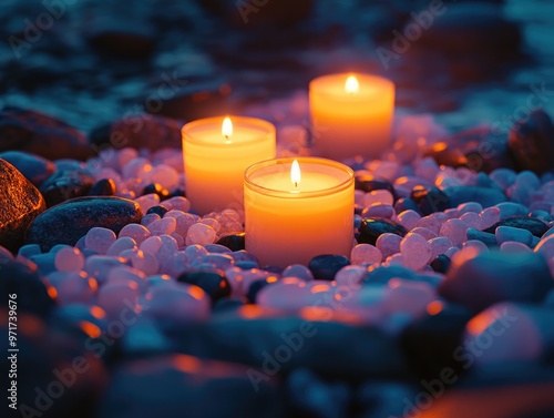 Candles Set Amidst a Bed of Luminous Phosphorescent Stones in Darkness photo