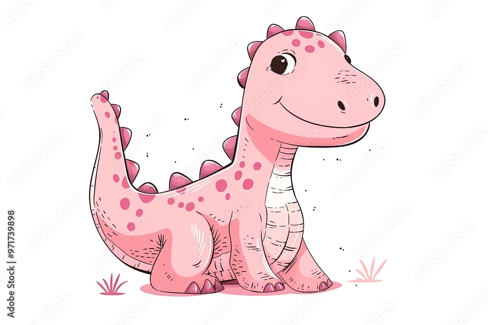 Cute pink dinosaur illustration with spots and spikes, sitting on the ground on a white background Cute pink dinosaur illustration with spots and spikes, sitting on the ground on a white background