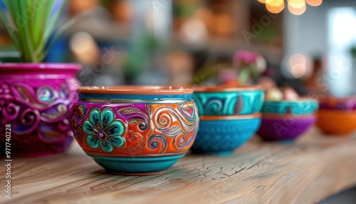 Handpainted ceramic bowls, artistic and vibrant, Artisan, Bright hues, Photograph, Craftsmanship